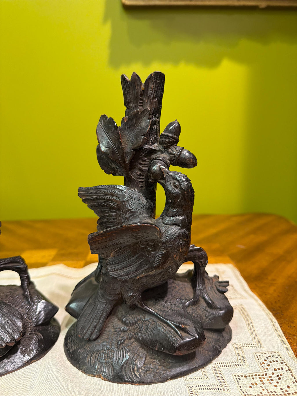 Antique Black Forest Hand Carved Bird Candlesticks Pair Oak Leaves Acorns Alpine Folk Art Wooden Candle Holders