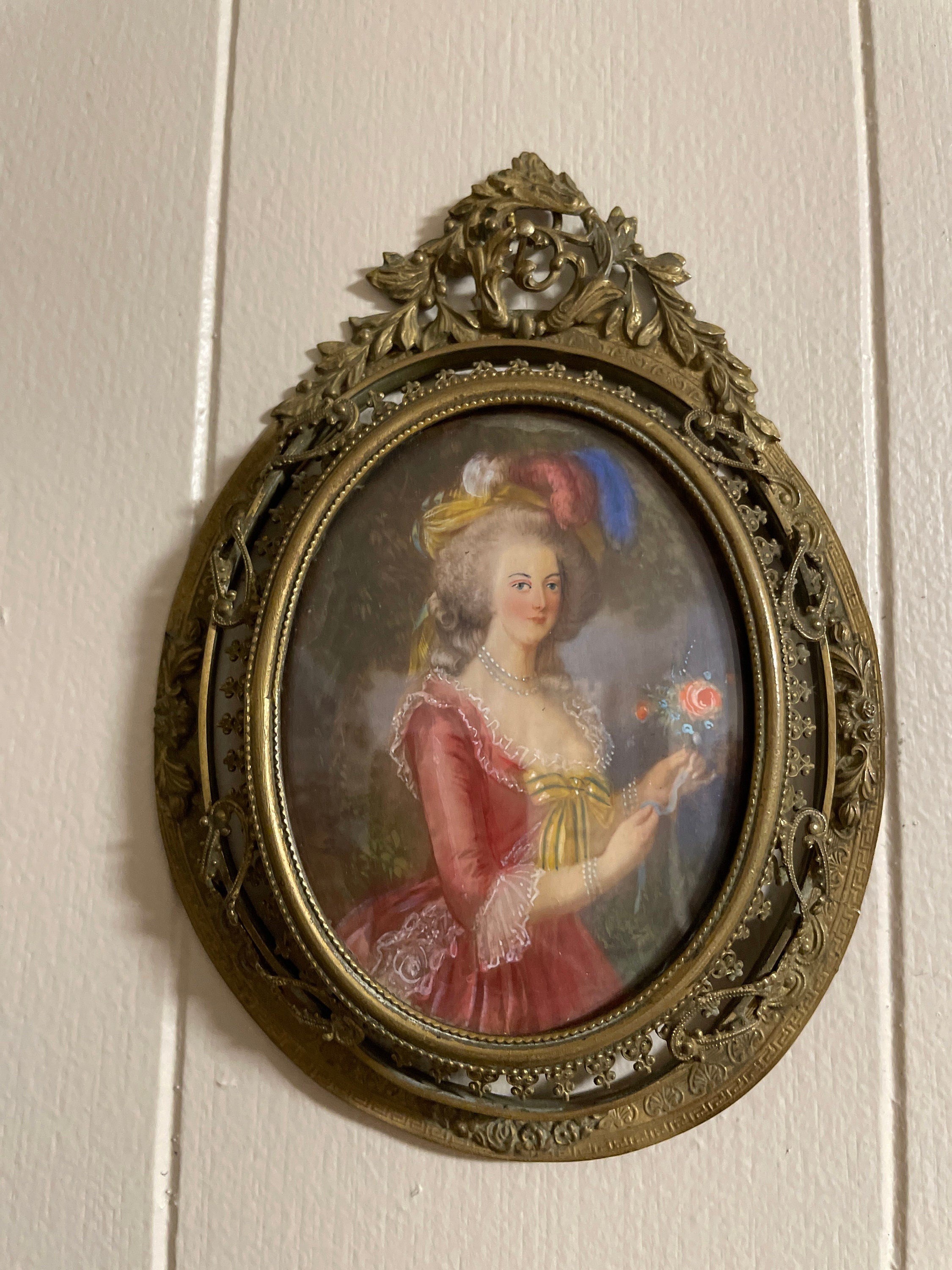 Romantic Antique French Style Portrait Miniatures Set of Two Hand Painted in Ornate Brass Frames 18th Century Rococo Wall Art Decor Gift