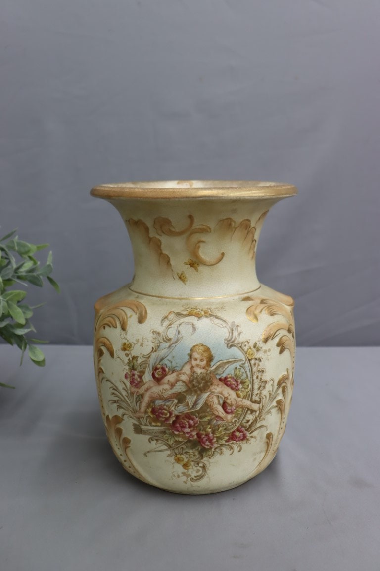 Large Vintage Rococo Vase Cherub Motif Floral Design Ornate Porcelain Gold Accents Decorative Angel Baroque French Style Romantic Chic