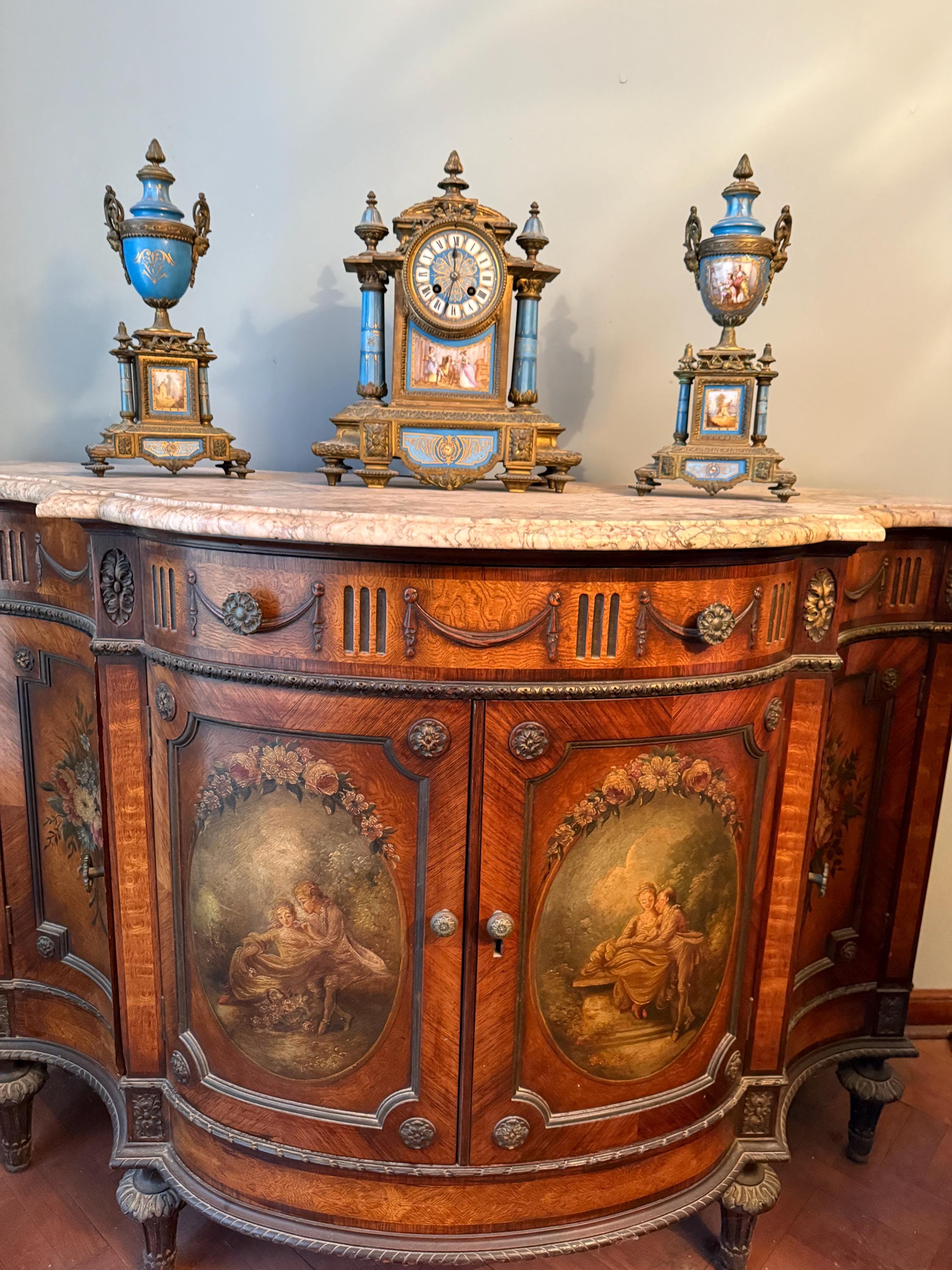 Antique French Marble Top Sideboard Hand Painted Panels Louis XV Style Painted Cabinet Elegant Drawers Luxurious Furniture Console Buffet