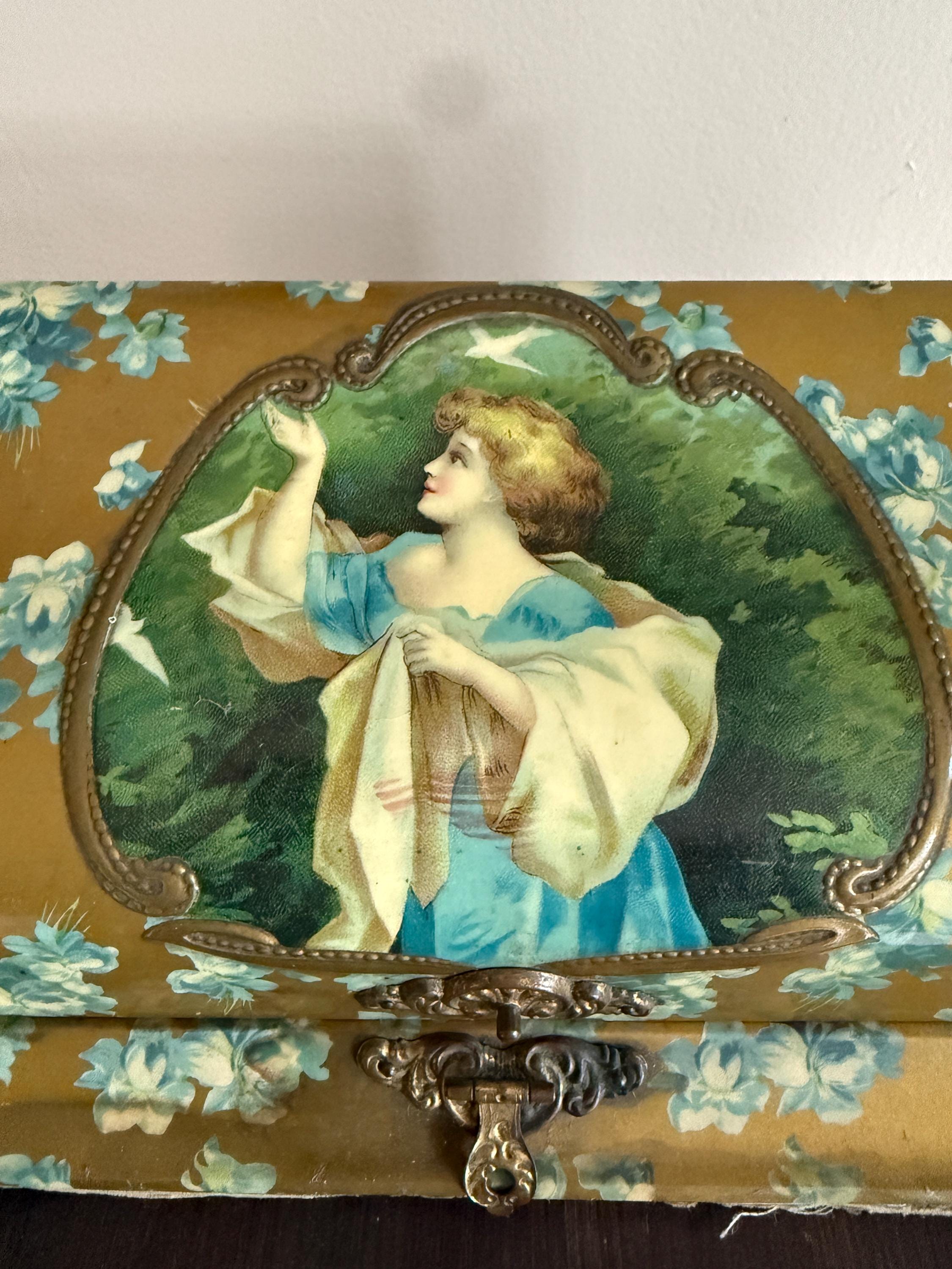 Antique Victorian Glove Box Lady Portrait Lithograph Floral Design Jewelry Storage Box 19th Century Collectible Jewelry Box Vanity Box