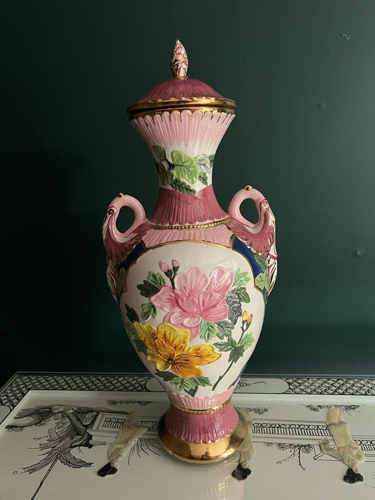 Vintage Hand Painted Oriental Vase Pink Gold Floral Chinese Woman Motif Large Ceramic Urn Decorative Collectible Home Decor Statement Piece