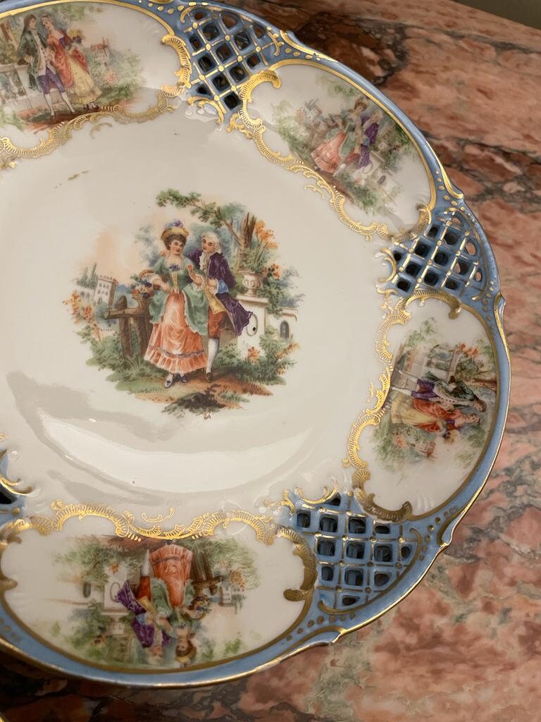 Schumann Arzberg Germany Decorative Plate Rococo Style Blue Reticulated Porcelain Courting Scene Gilded Wall Display Collectible Art