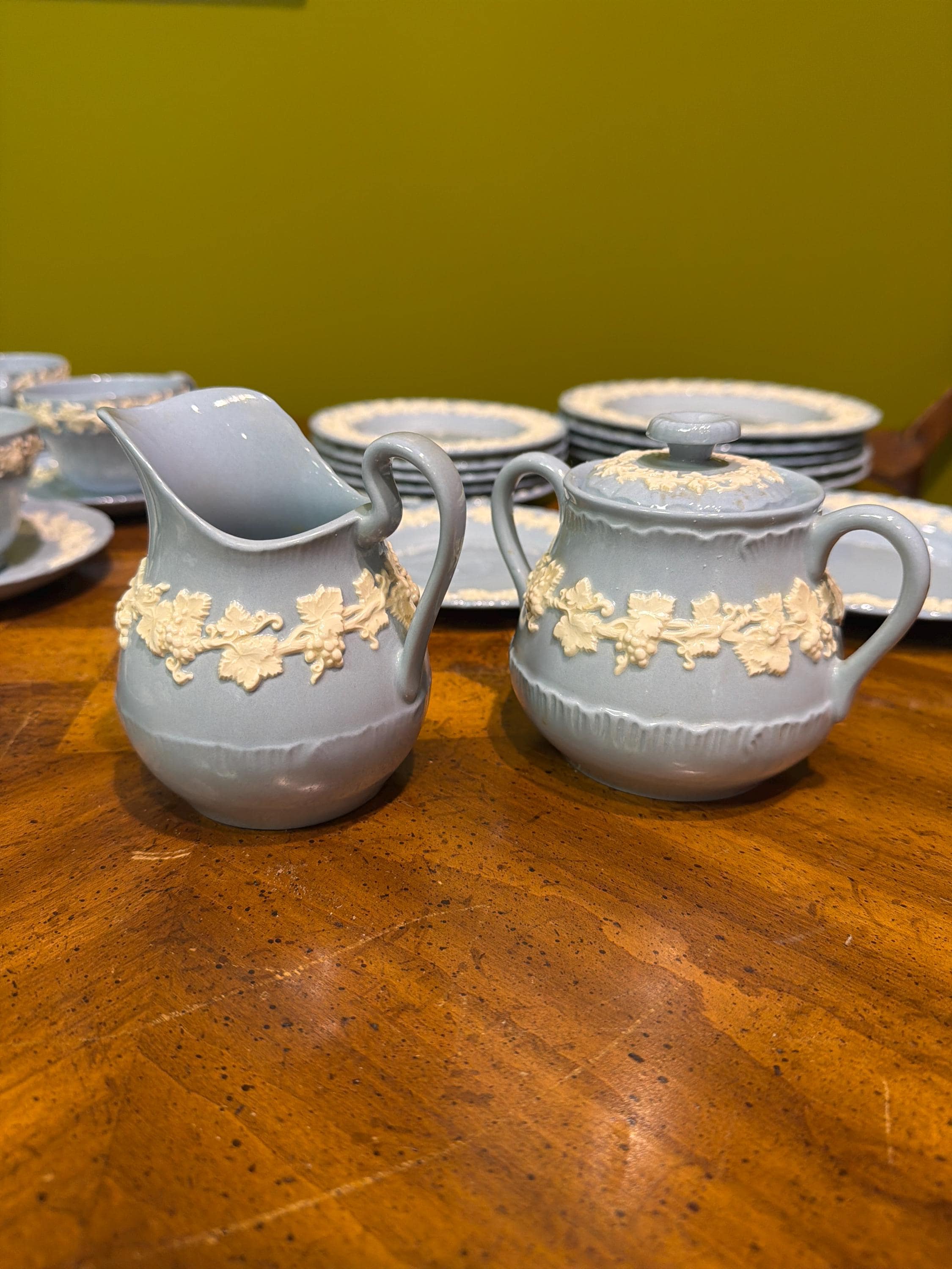 Wedgwood Queen’s Ware Blue Embossed Lunch/Tea Set, Of Etruria Barlaston England