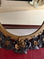 Antique Victorian Oval Mirror Hand-Carved Cherubs & Floral Motifs Dark Wood Gilt Frame Baroque Style  French Home Decoration Wall Mirror