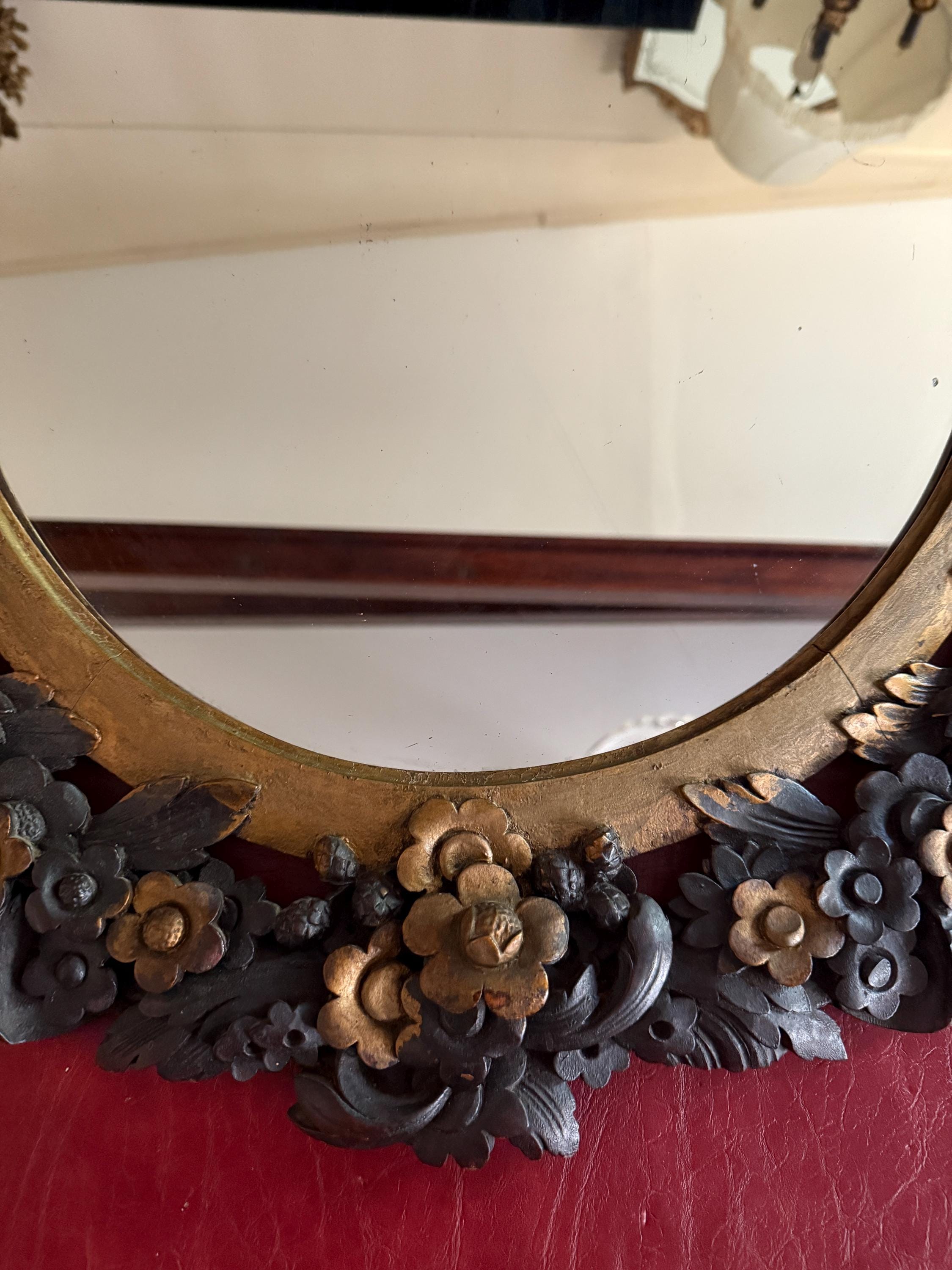 Antique Victorian Oval Mirror Hand-Carved Cherubs & Floral Motifs Dark Wood Gilt Frame Baroque Style  French Home Decoration Wall Mirror