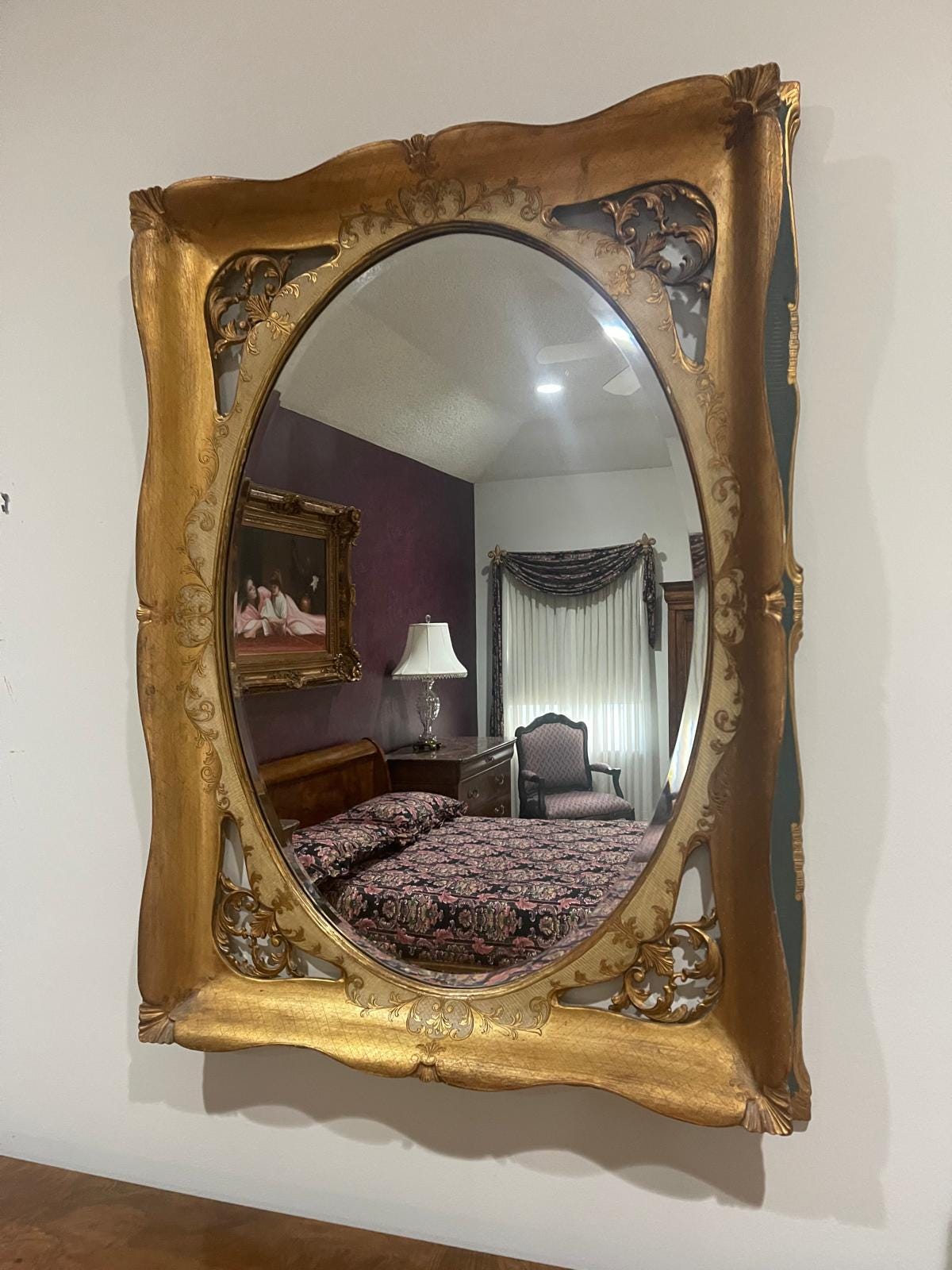 Vintage Gold Green Beveled Mirror Ornate Antique Baroque Rococo Style Wall Mirror Decorative Frame Elegant French Inspired Design Piece