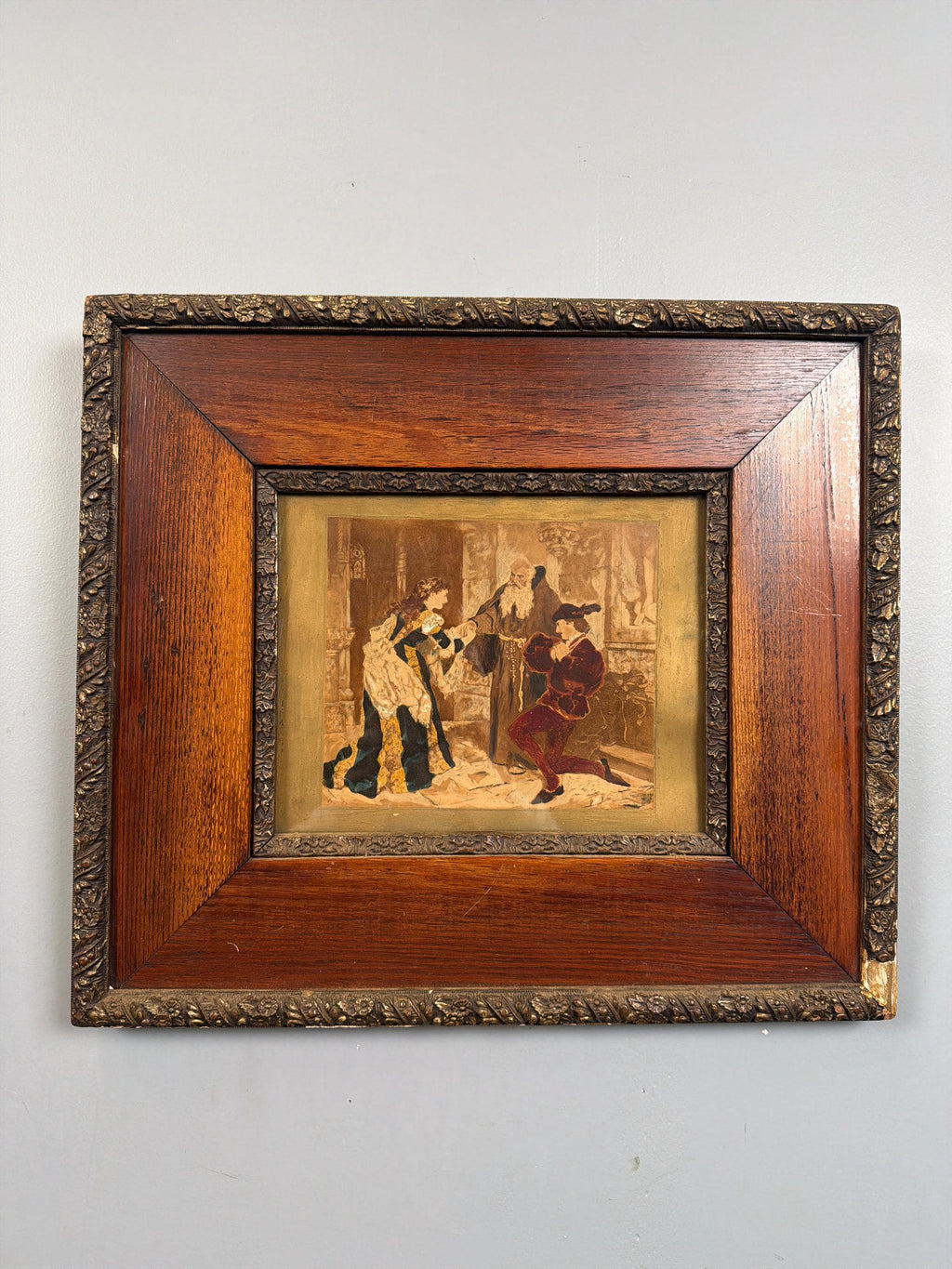 Antique Victorian Oak Frame with Romantic Scene Print, Ornate Gesso Trim, 19th Century Style Wall Art