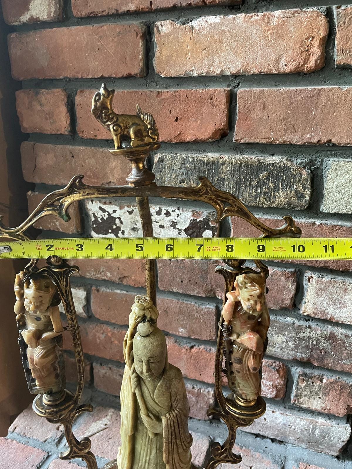 Vintage Asian Incense Burner Carved Soapstone Figures Gilt Brass Stand Mythical Beast Top Ornate Detailing Unique Home Decor Statue Art