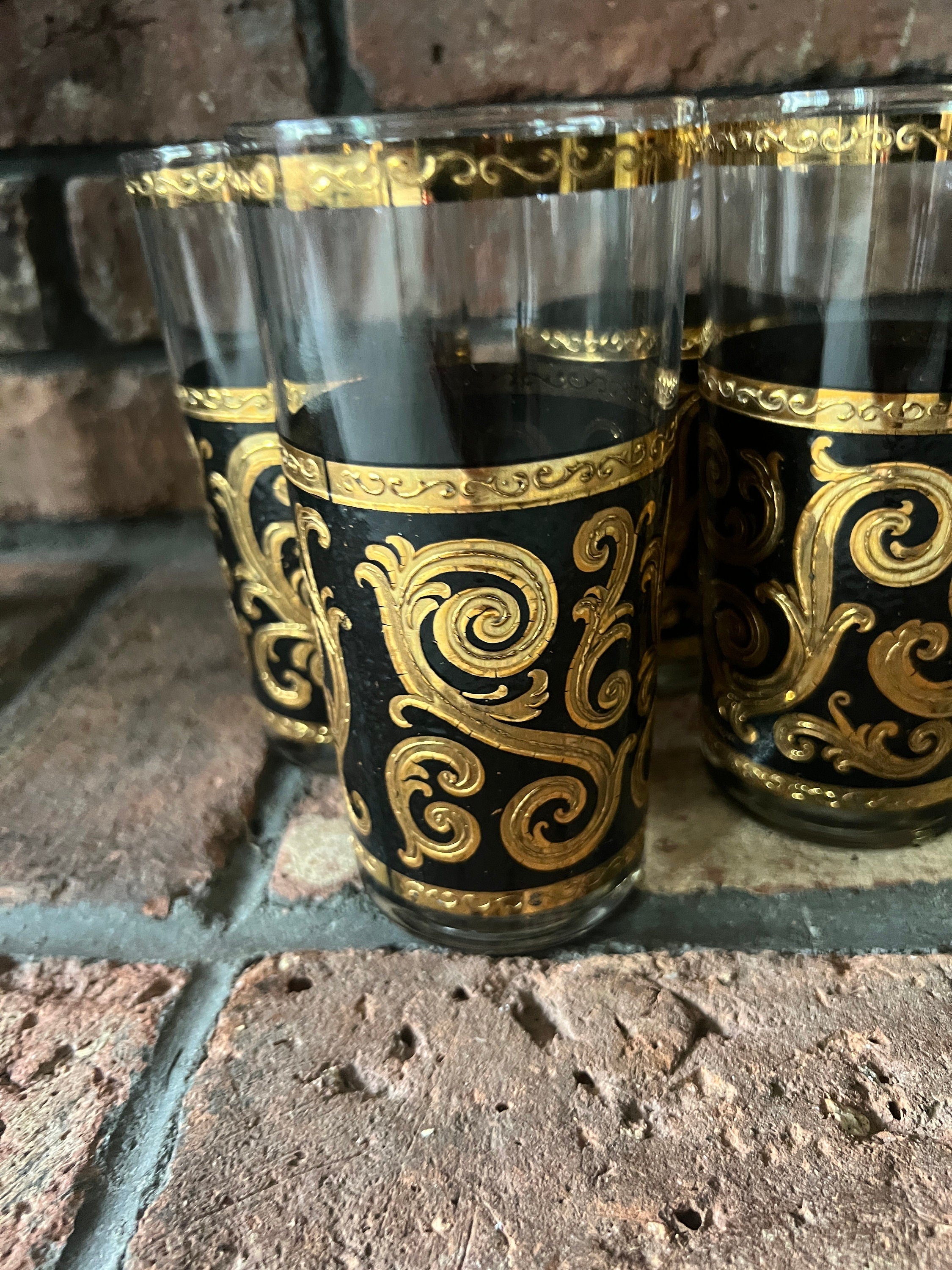 Set Of 9 Culver Black Gold Highball Glasses Vintage Barware Mid Century Hollywood Regency Elegant Scroll Design Cocktail Tumblers Decoration