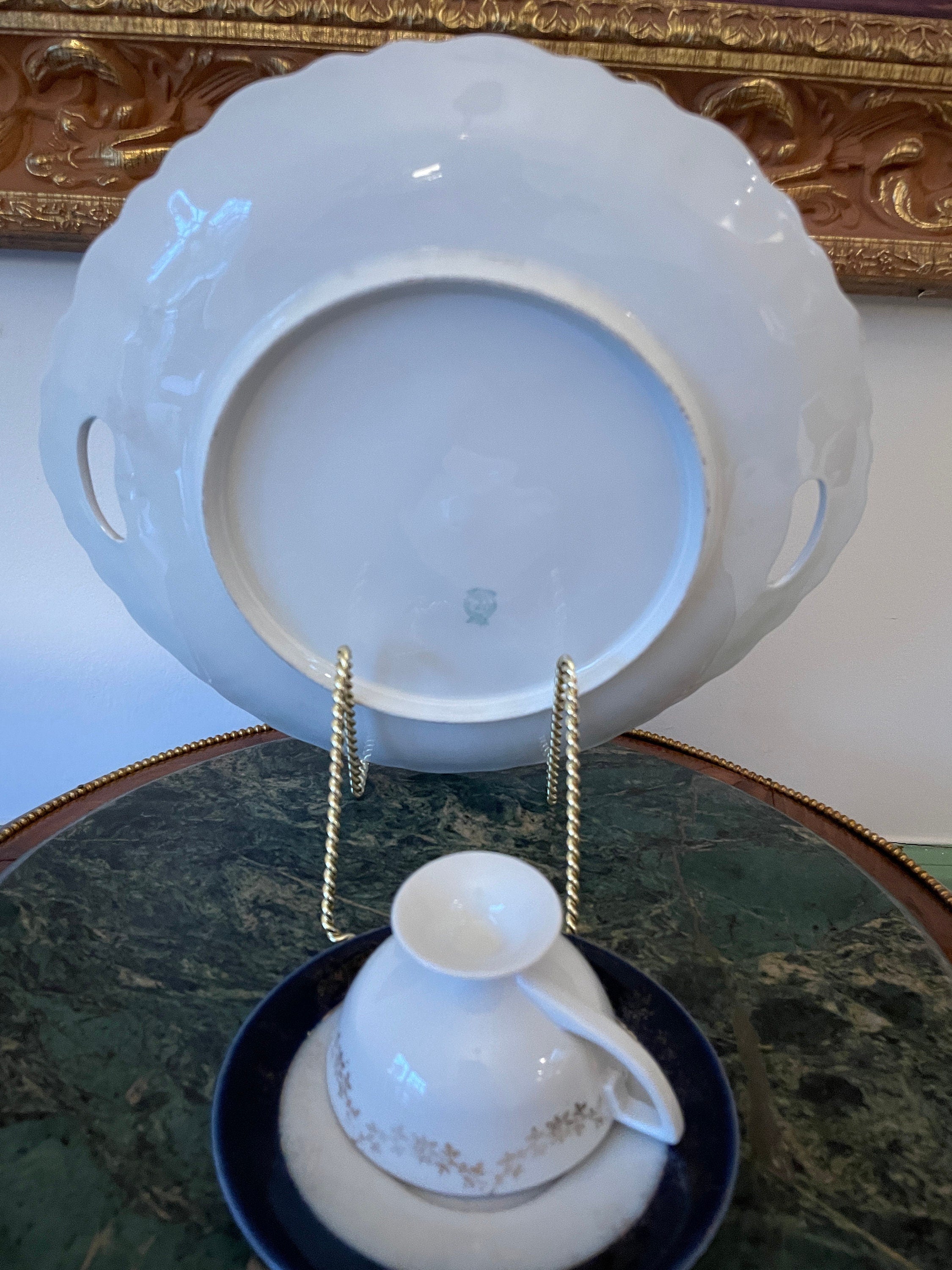 Antique Cobalt Blue Porcelain Tray Tea Cup Saucer Set Mythological Figures Hand Painted Gold Details Rococo Design European Collectible Art