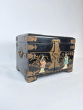 Antique Chinese Black Lacquer Jewelry Chest, Hand-Painted Figures, Engraved Brass Hardware, c.1900
