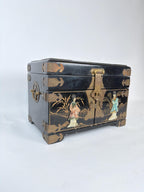 Antique Chinese Black Lacquer Jewelry Chest, Hand-Painted Figures, Engraved Brass Hardware, c.1900