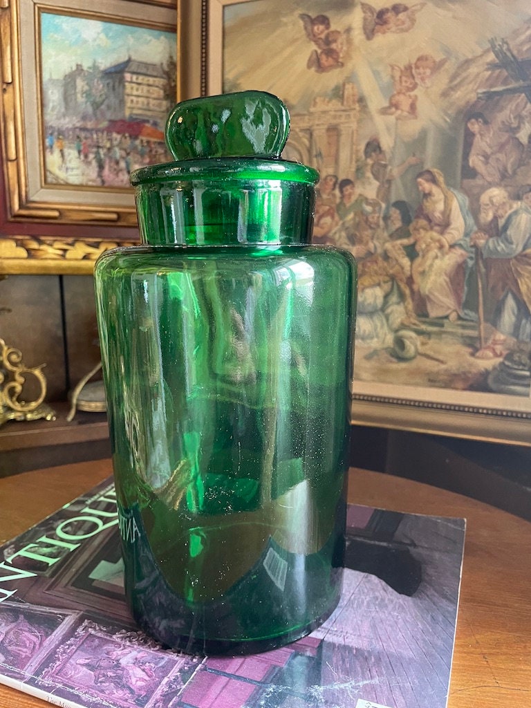 Antique Green Glass Water Bottle With Lid.10"5"