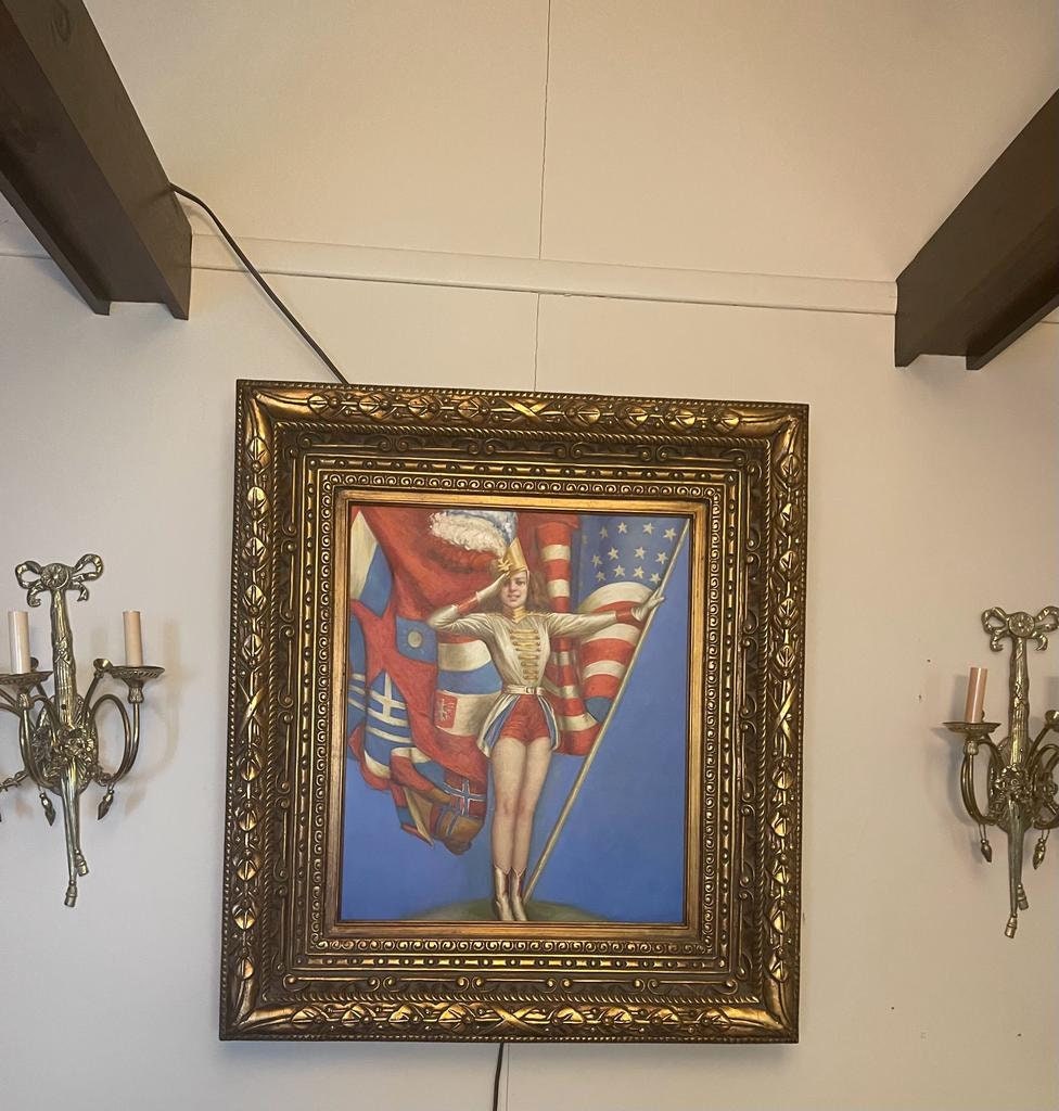 American Pin Up Girl Fourth of July Patriotic Drum Major Large Oil painting Ornate Wood Frame On Canvas American Flag Girl Painting Artwork