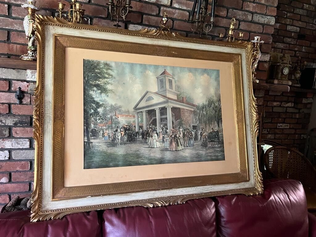 Large Antique Framed Art Print Courthouse Scene Historical People Horses Detailed Victorian Wall Decoration Ornate Gold Frame Fine Art