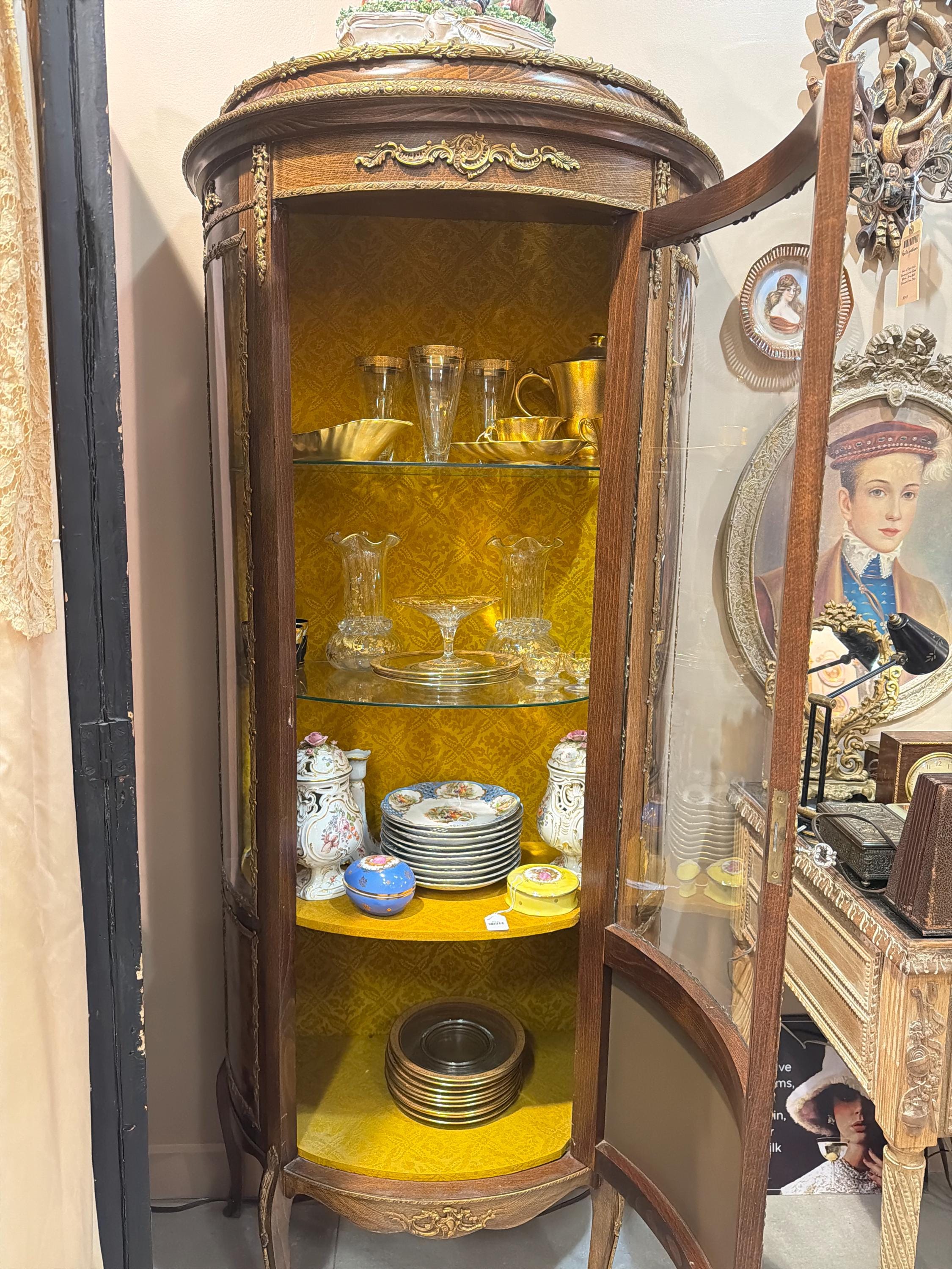 Antique French Louis XV Style Vitrine, Curved Glass Display Cabinet with Hand Painted Panel