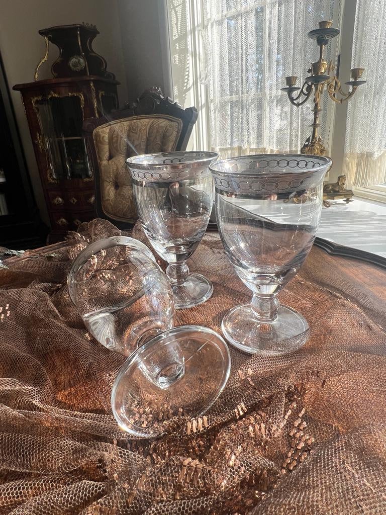 Vintage Silver Rimmed Water Goblets Set Elegant Clear Glass Footed Cups Classic Mid Century Barware Wedding Dinner Display Collection