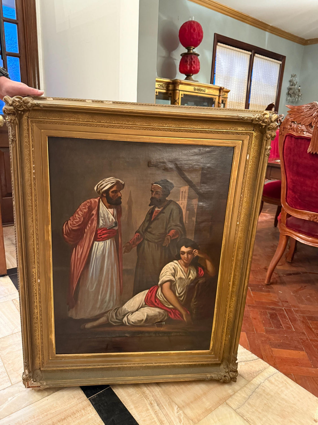 Antique Orientalist Oil Painting  Middle Eastern Scene with Figures Large Framed Original Artwork 19th Century Style Collectible Artwork