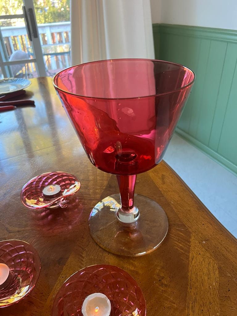Vintage Ruby Red Glass Centerpiece Set Including Large Footed Bowl Three Candle Holders Elegant Iridescent Mid Century Decor Romantic Tablet