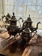 Vintage Silver Plated Copper Tea and Coffee Pot Set with Sugar Pot grapes leaves