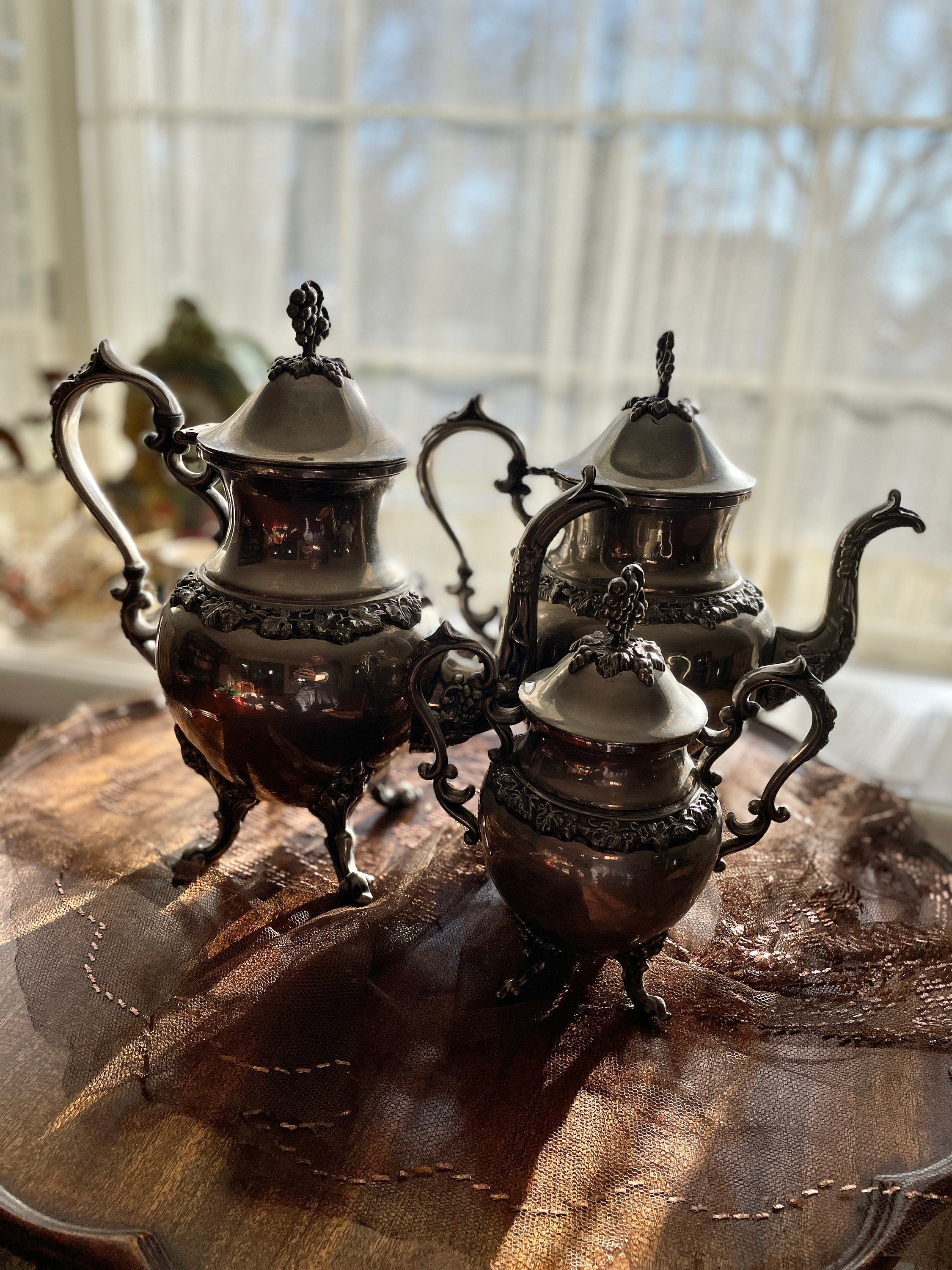 Vintage Silver Plated Copper Tea and Coffee Pot Set with Sugar Pot grapes leaves