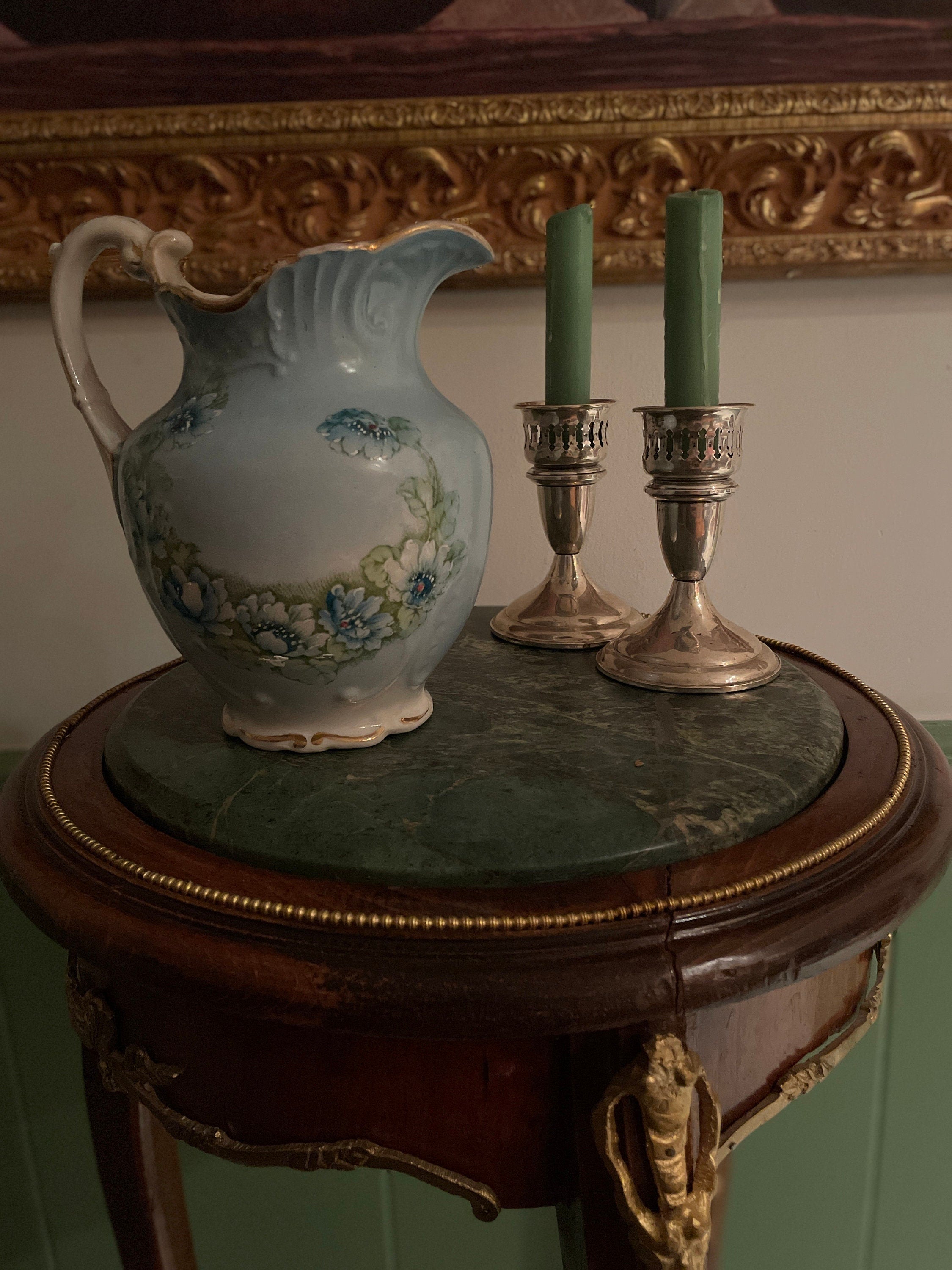 Vintage Silver Plated Candle Holders Pair With Floral Porcelain Pitcher Hand Painted Elegant Table Decoration Victorian Cottage Accent