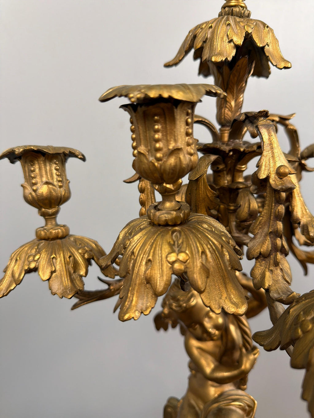 Antique French Ormolu Cherub Candelabra Pair, Gilt Bronze Marble Base Louis XVI Style
