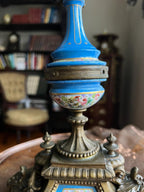 Antique French Sevres Style Clock Set Bronze Blue Porcelain Candelabra Mantel Decor Elegant Rococo Design Home Accent Collectible Piece