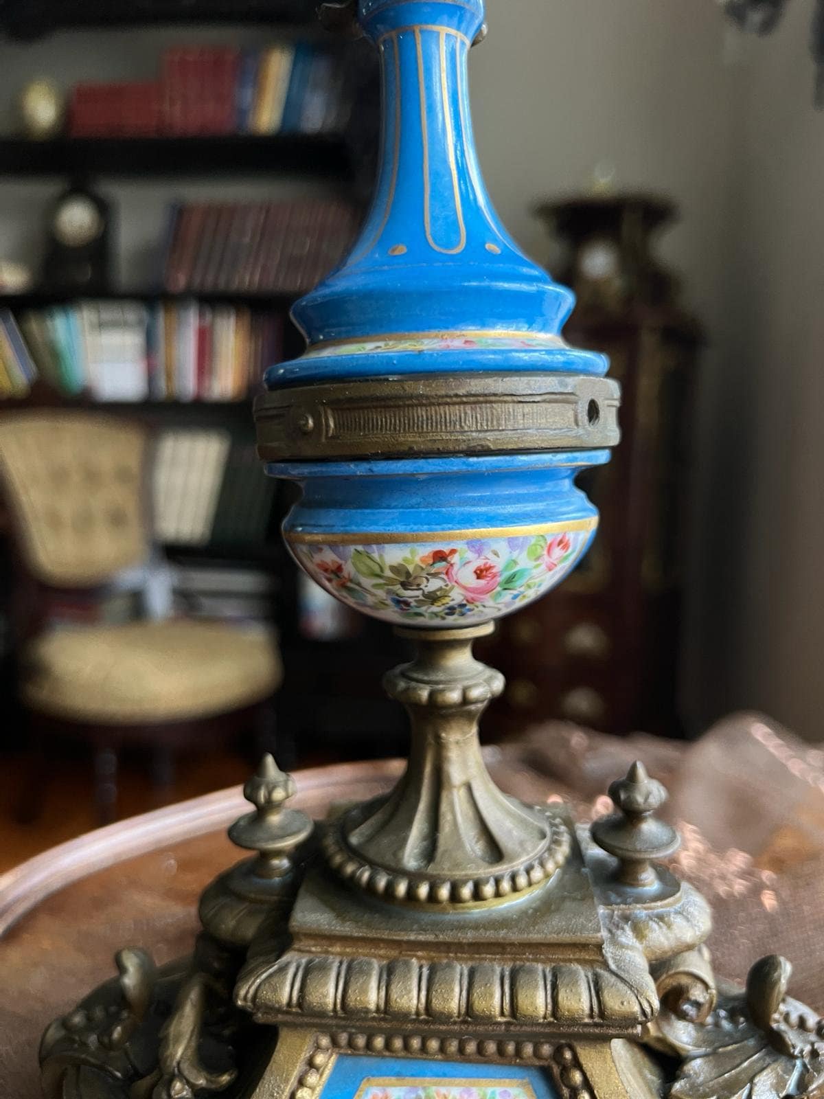 Antique French Sevres Style Clock Set Bronze Blue Porcelain Candelabra Mantel Decor Elegant Rococo Design Home Accent Collectible Piece