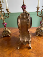 Antique Rococo Style French Clock Set Gilt Bronze Candelabras Porcelain Accents Romantic Scene Victorian Decor Collectible Mantelpiece 1900s