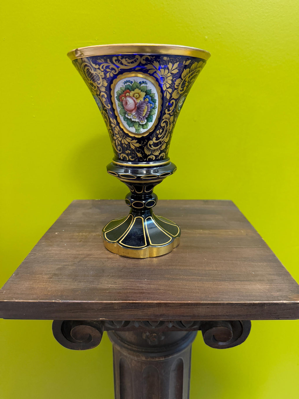 Antique Bohemian Enamel Gilded Art Glass Cobalt Blue Hand Painted Vase Goblet  Floral Medallions Moser Style Decorative