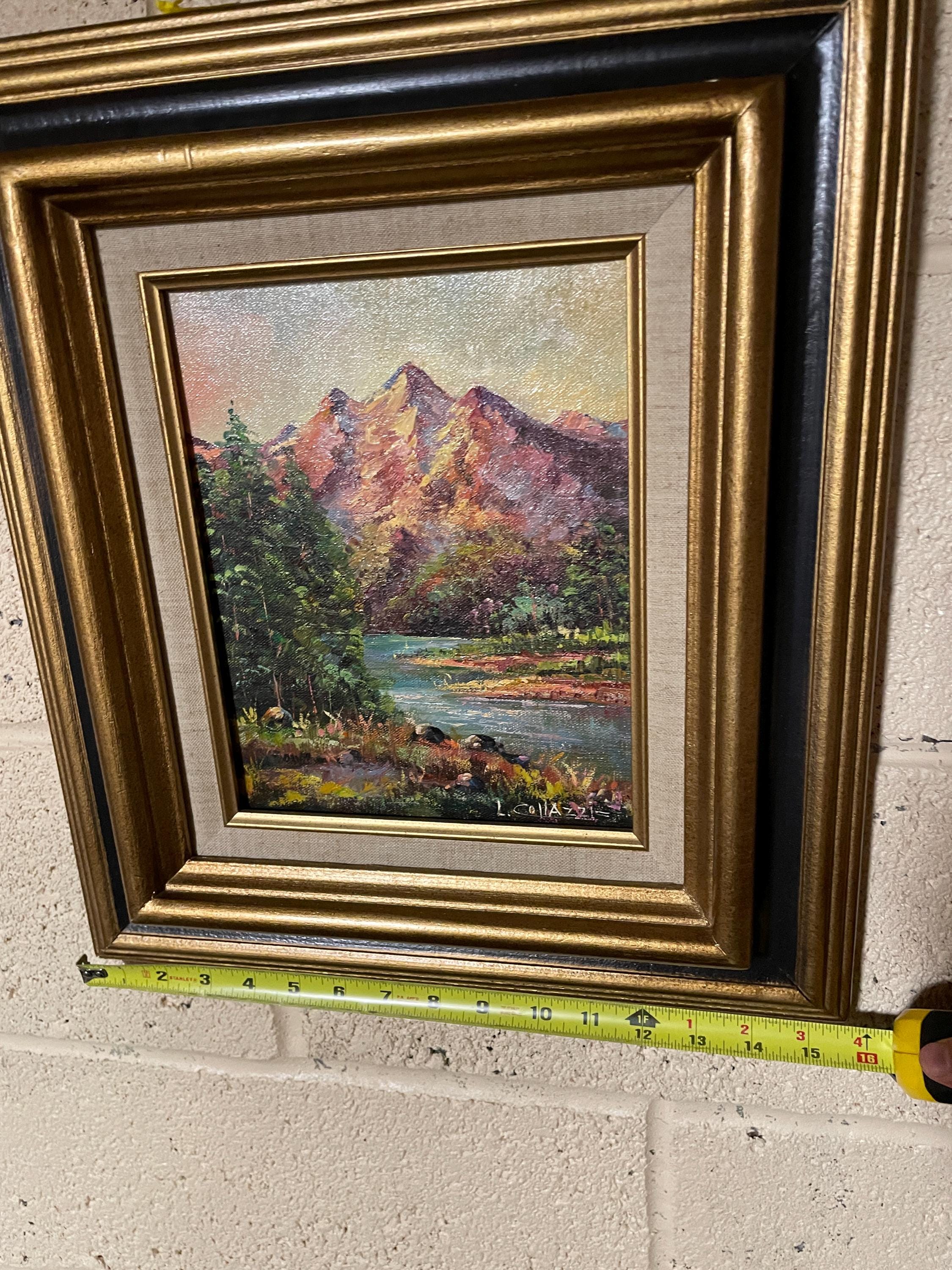 Framed Mountain Landscape Oil Painting Wall Art Nature River Scene Signed L Collazzi Textured Canvas Rustic Cabin Decoration Collectible