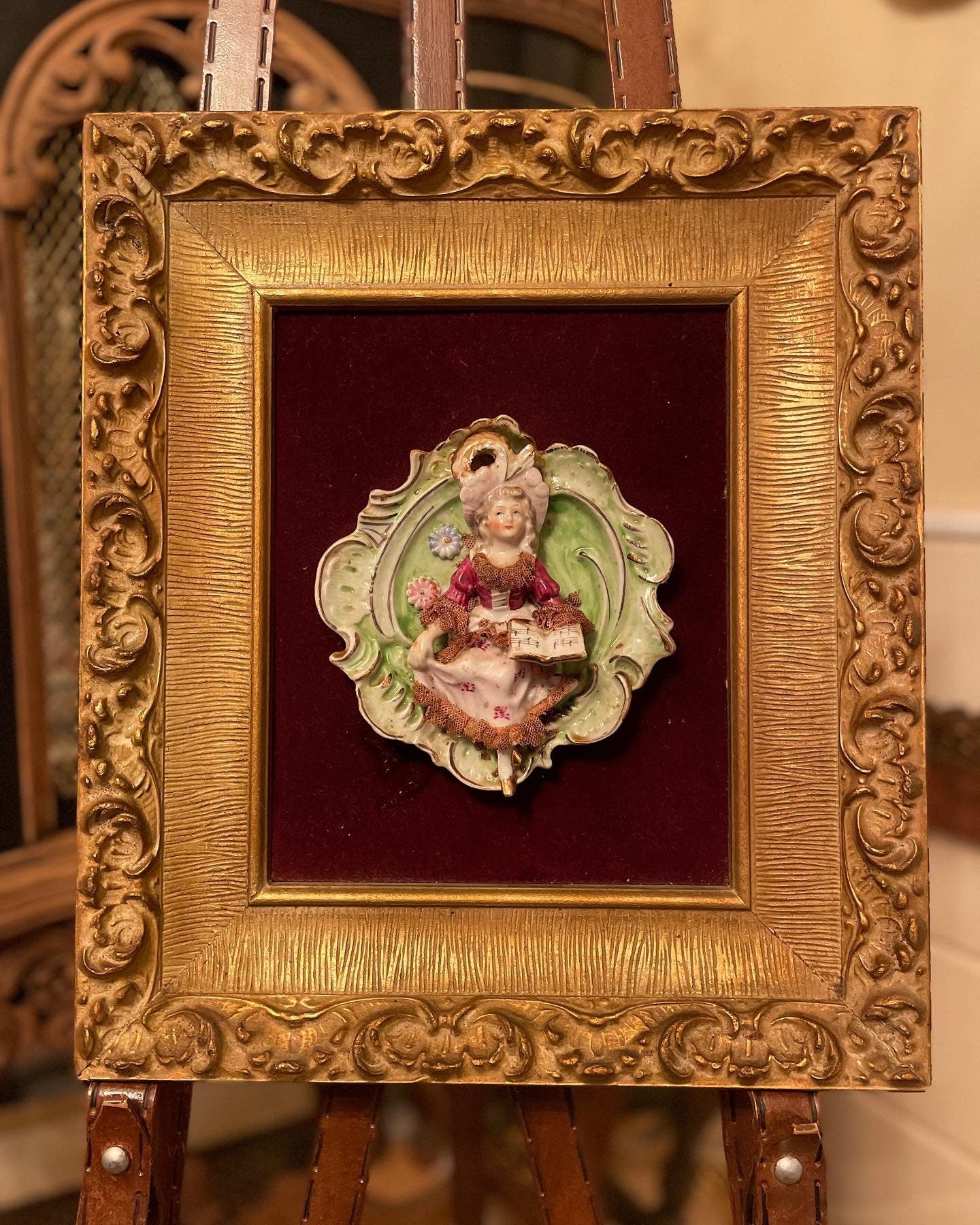 Antique Porcelain Wall Plaque Couple Relief Gilt Frame Velvet Backing Victorian Style French Rococo Art Figurine Decor Romantic Gift Idea