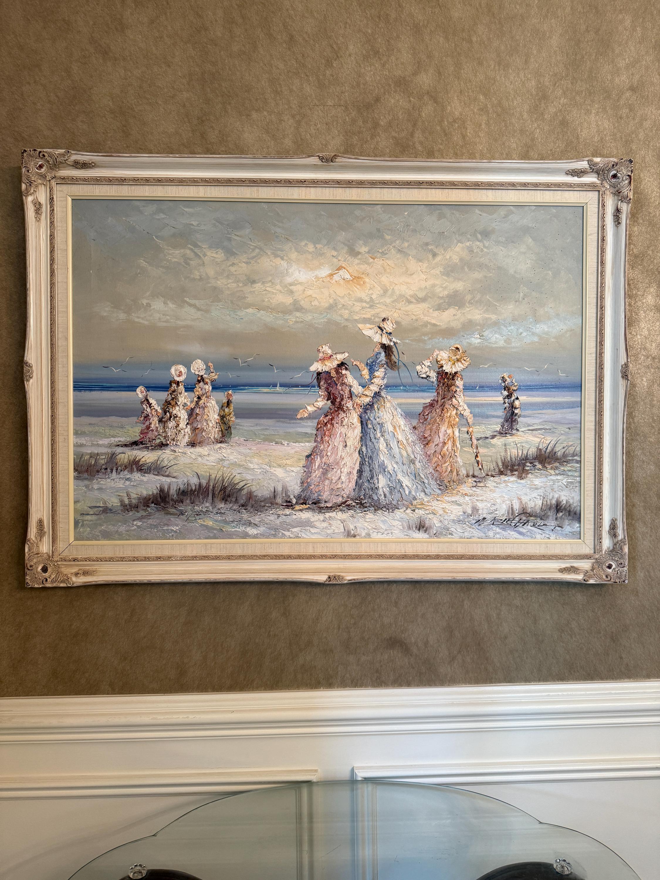 Women on the Beach Impressionist Oil Painting Mid‑Century Impressionist Women Pastel Portrait Seaside Oil Painting Victorian Lady Artwork
