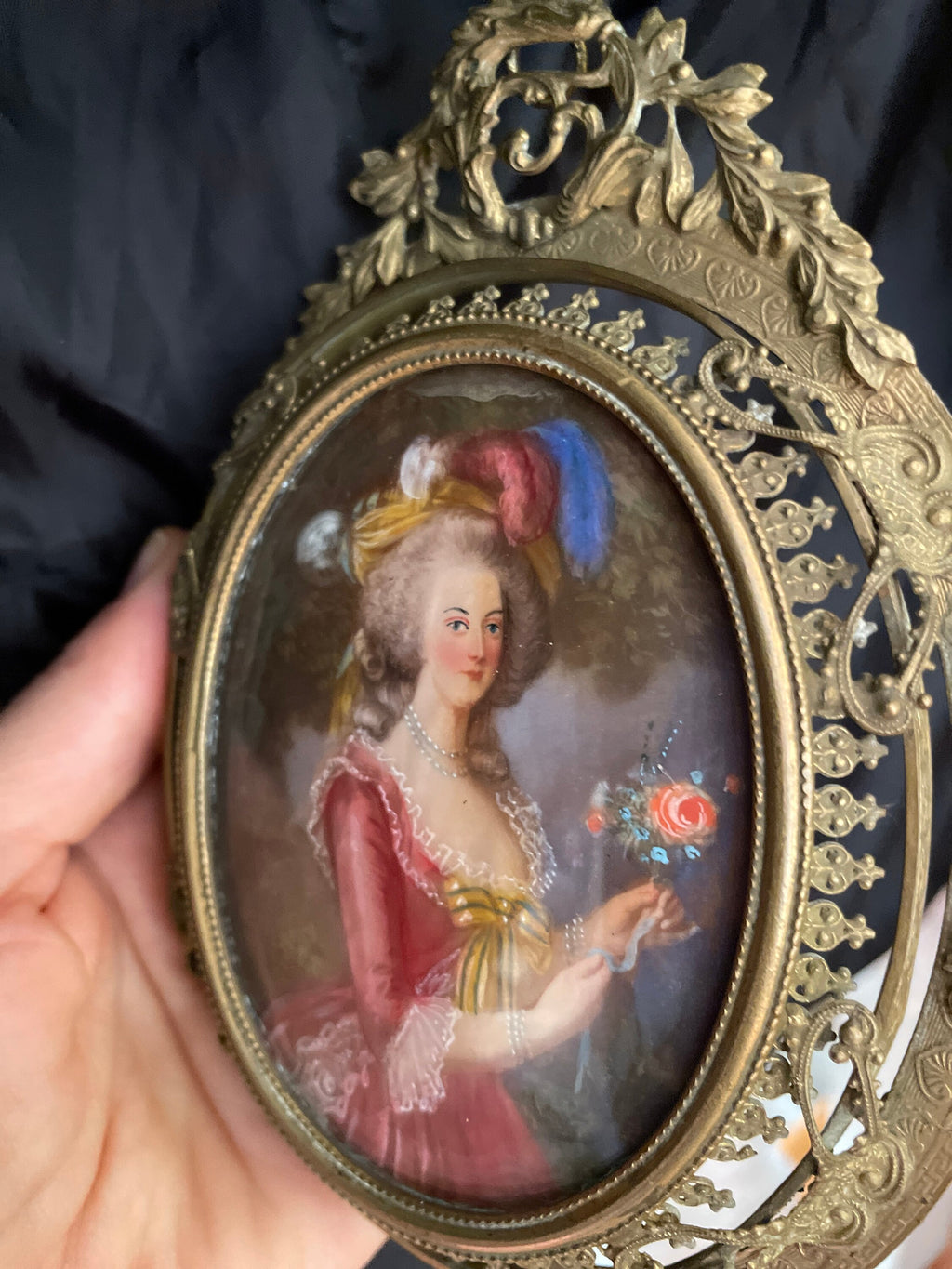 Romantic Antique French Style Portrait Miniatures Set of Two Hand Painted in Ornate Brass Frames 18th Century Rococo Wall Art Decor Gift