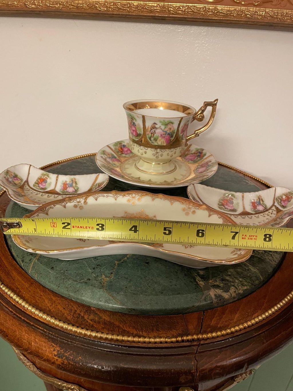 Vintage German Porcelain Tea Snack Set Romantic Courting Scene Gold Trim Hand Painted Cup Tray Bowls Collectible Rococo Style Display Piece
