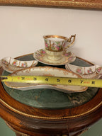 Vintage German Porcelain Tea Snack Set Romantic Courting Scene Gold Trim Hand Painted Cup Tray Bowls Collectible Rococo Style Display Piece
