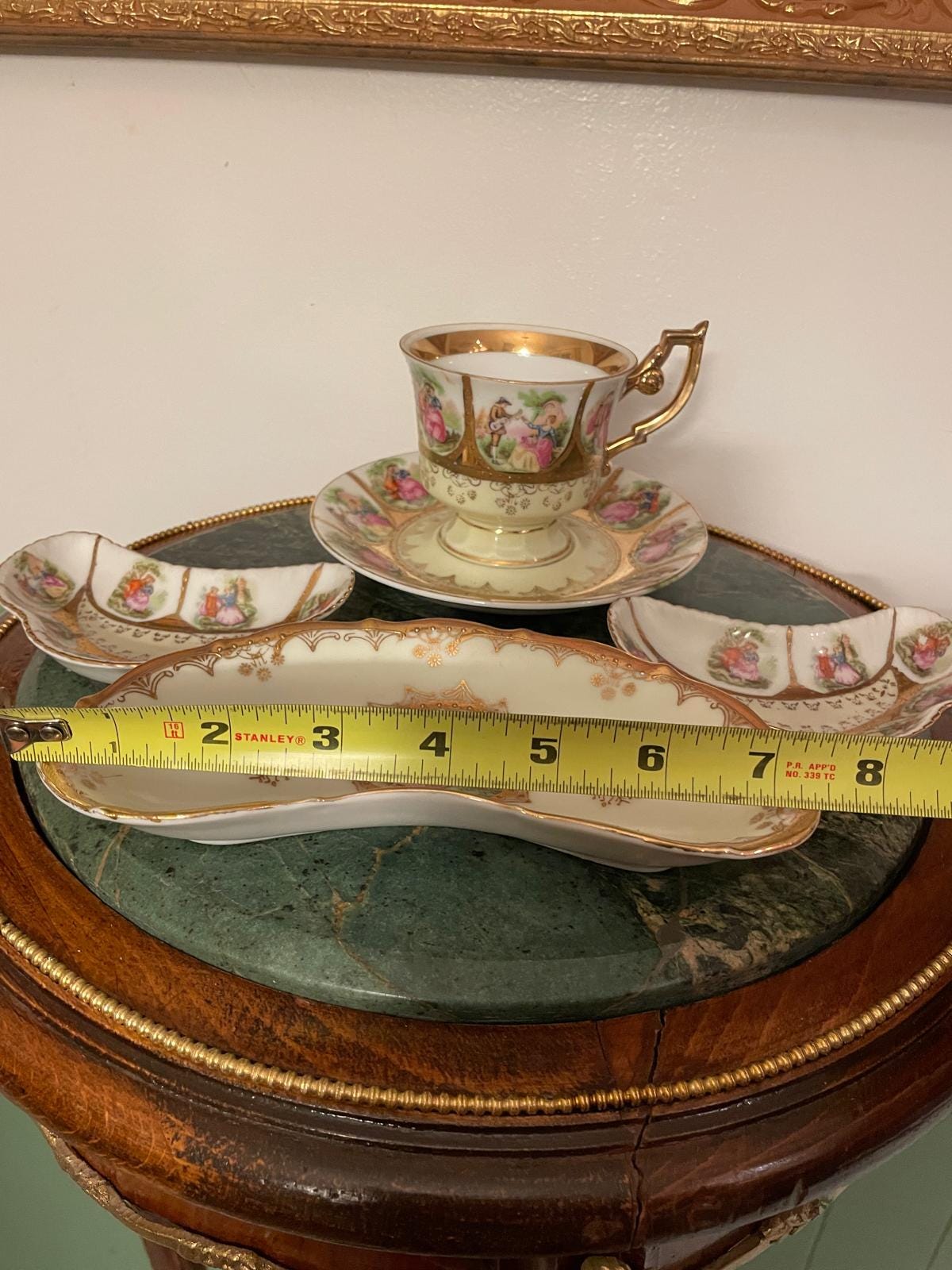 Vintage German Porcelain Tea Snack Set Romantic Courting Scene Gold Trim Hand Painted Cup Tray Bowls Collectible Rococo Style Display Piece