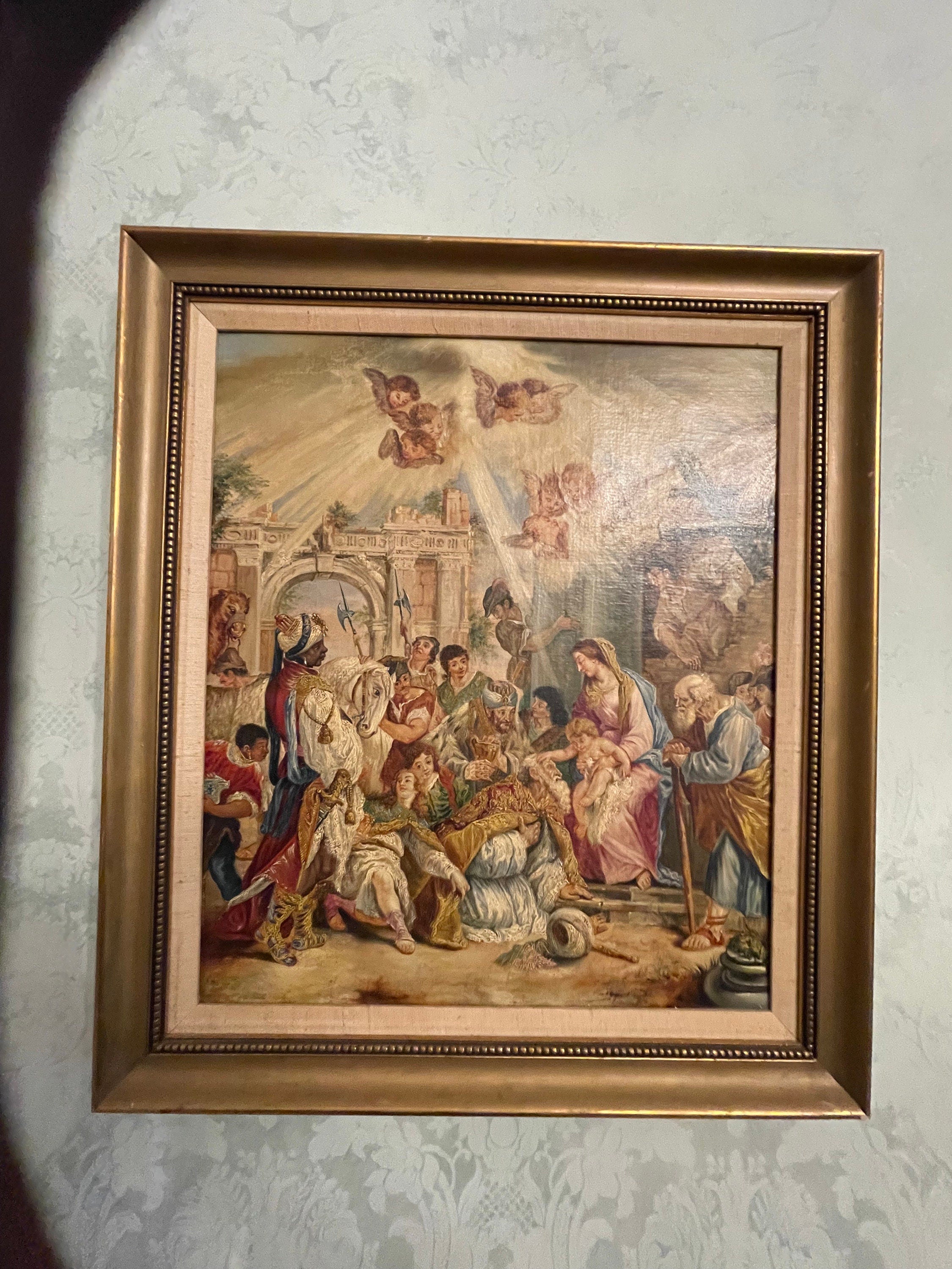 The Virgin Mary & Jesus Between Kings Old Print Picture Frame