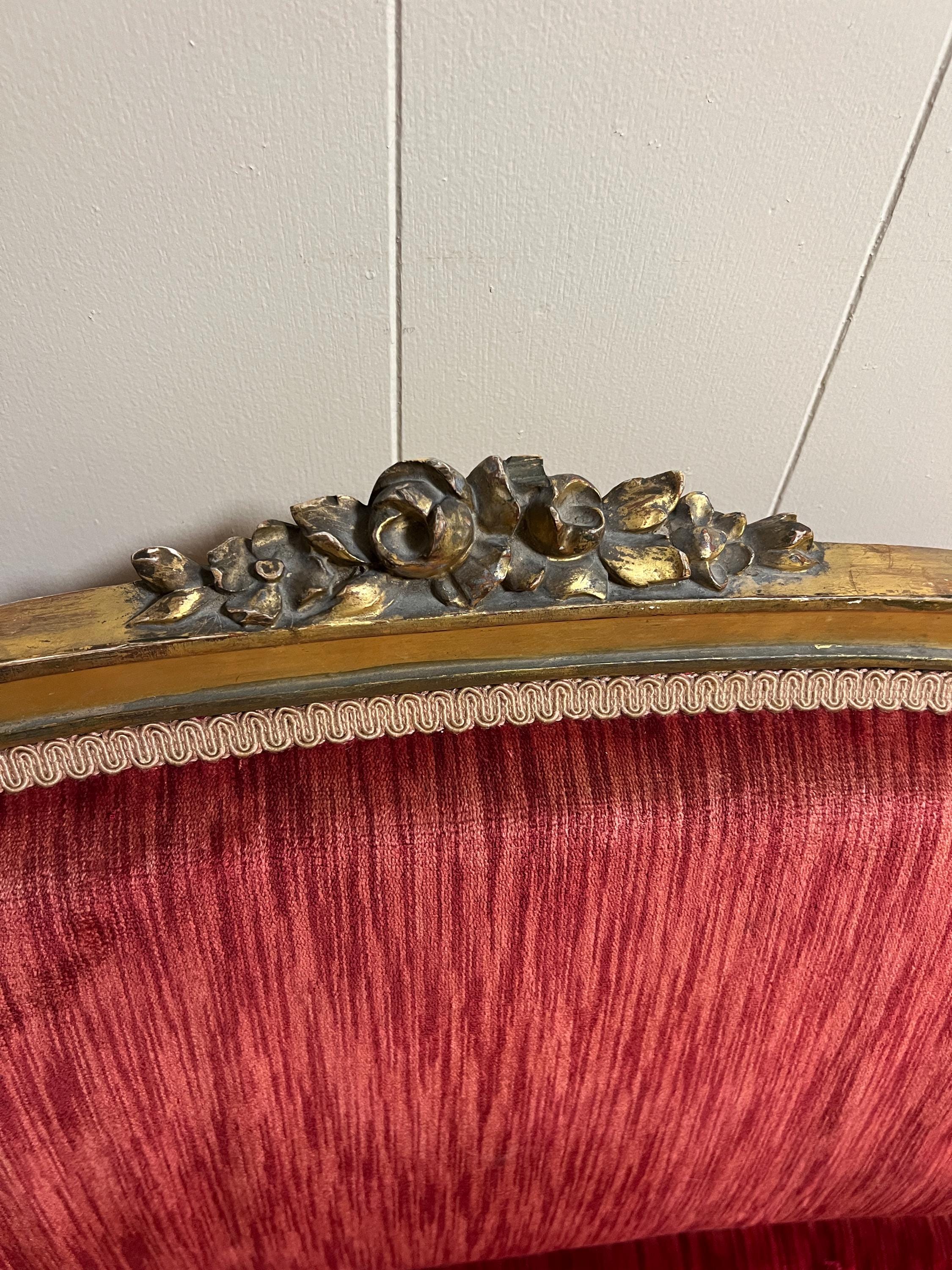 Antique French Louis XVI style Wooden Red Velvet Settee Sofa Antique French Gilded Hand-Carved Wood  Gold Gilt Elegant Furniture Loveseat