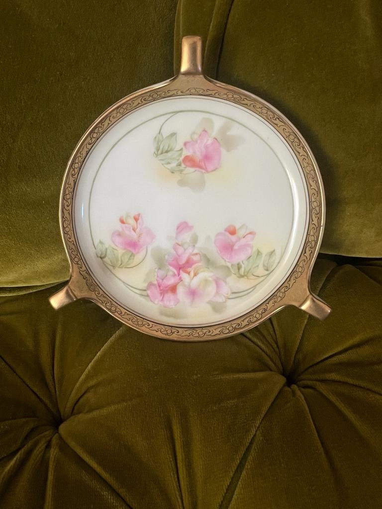 R S Germany Stamped Antique Hand Painted Radish Dish Pink Floral Plate Gold Rim Open Handles Vintage Porcelain French Style Collectible