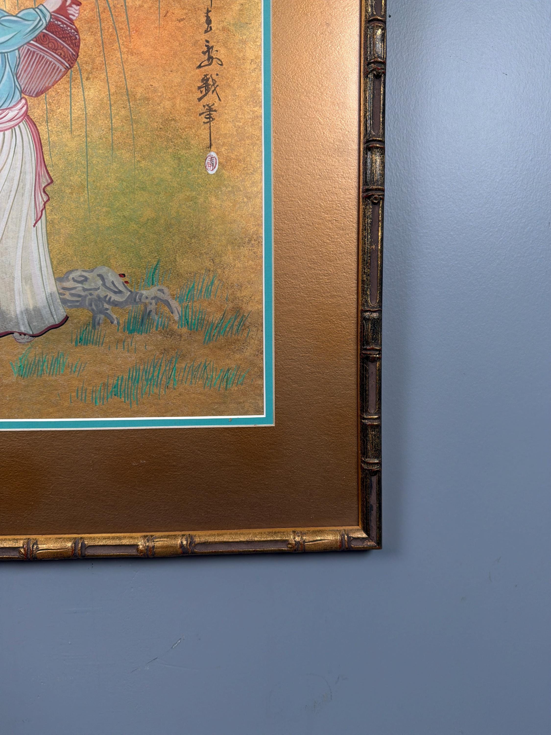 Vintage Asian Inspired Gold Leaf Painting Woman Willow Tree Framed Wall Art Oriental Decor Bamboo