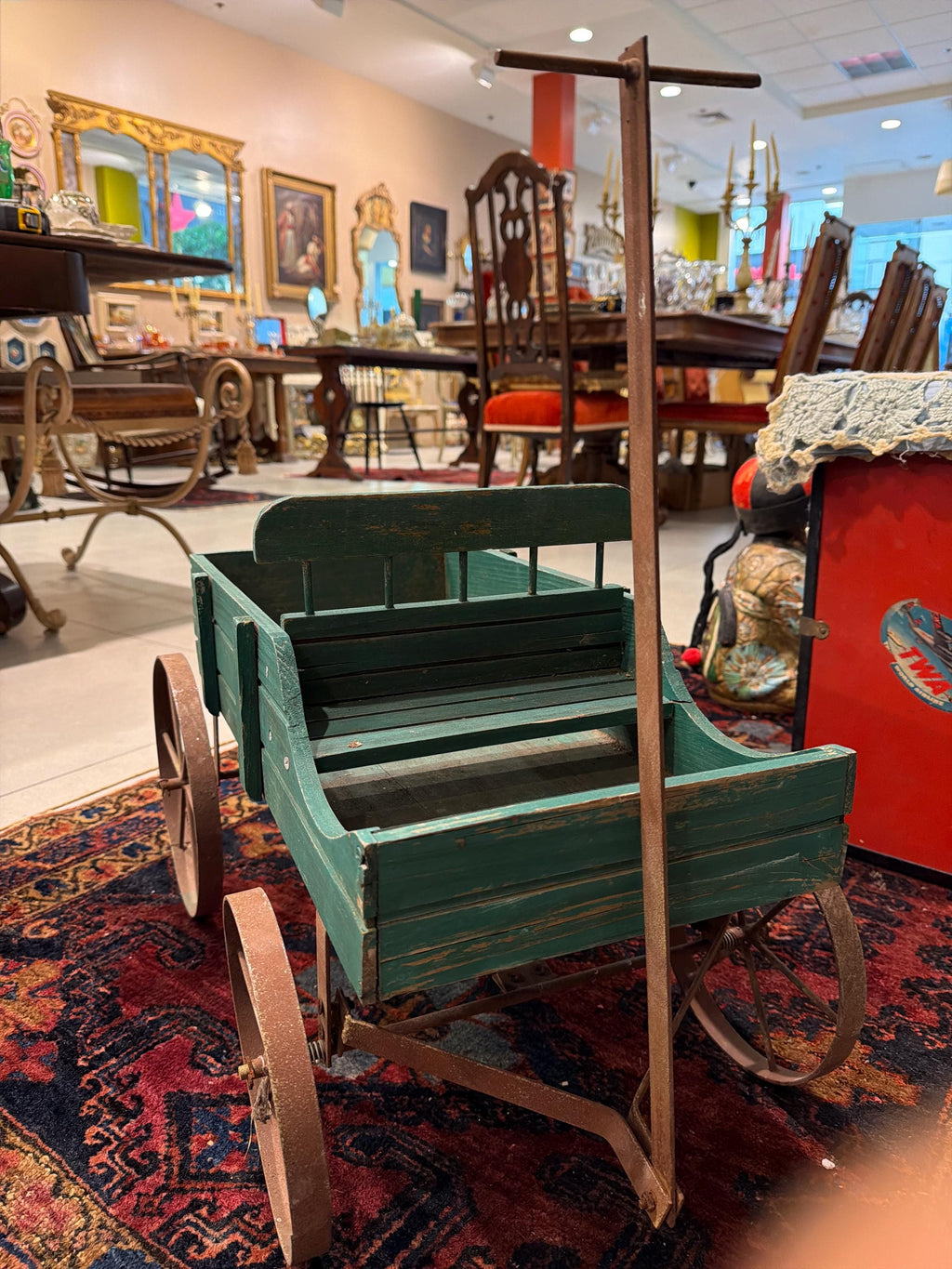 Antique Wooden Wagon Green Child Pull Wagon Primitive Farm Cart Rustic Farmhouse Decor Outdoor Planter