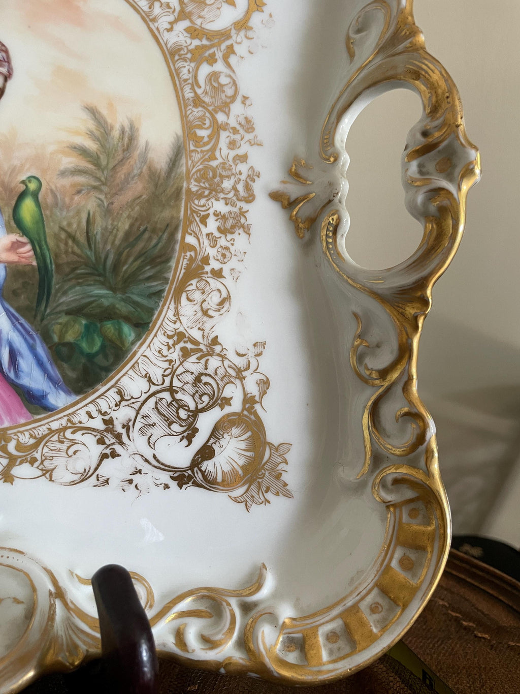 Antique Hand Painted Porcelain Tray Rococo Gold Gilt French Style Victorian Wall Hanging Figurative Decorative Plate Collectible Art Piece
