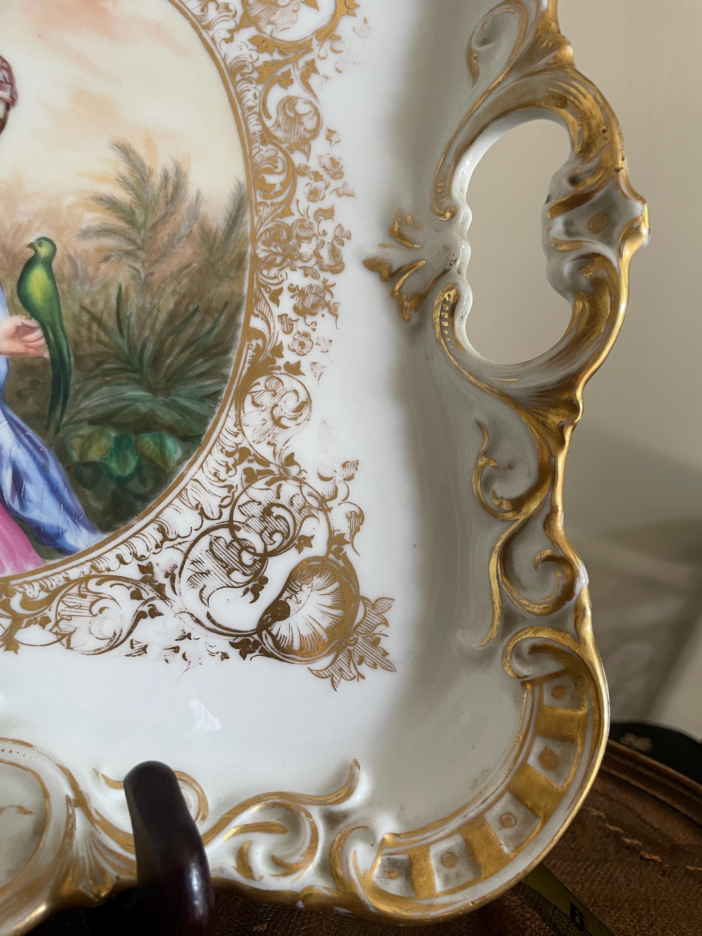 Antique Hand Painted Porcelain Tray Rococo Gold Gilt French Style Victorian Wall Hanging Figurative Decorative Plate Collectible Art Piece