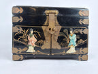 Antique Chinese Black Lacquer Jewelry Chest, Hand-Painted Figures, Engraved Brass Hardware, c.1900