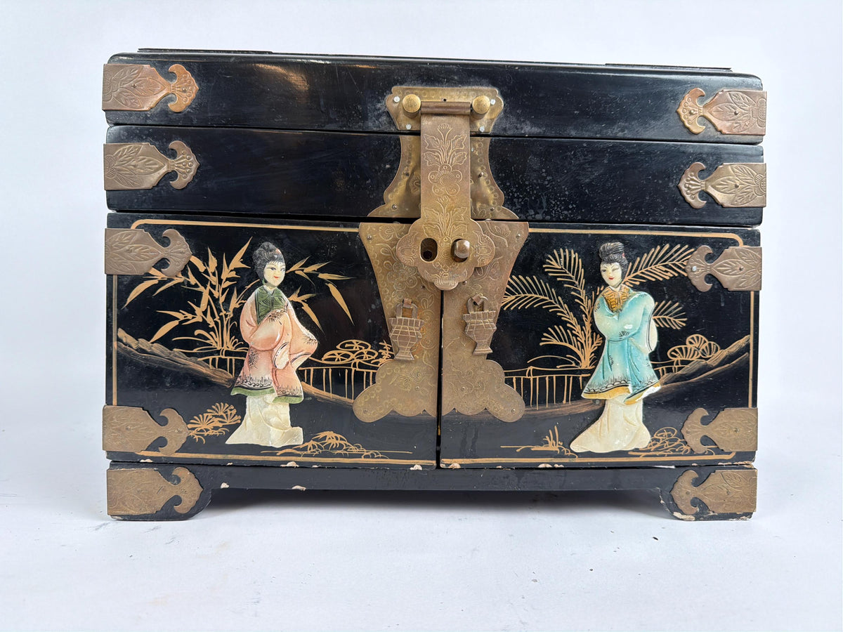 Antique Chinese Black Lacquer Jewelry Chest, Hand-Painted Figures, Engraved Brass Hardware, c.1900
