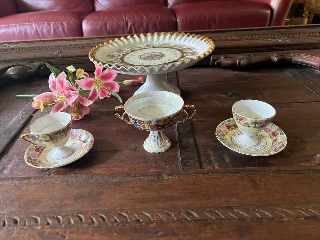 Vintage Porcelain Pedestal Cake Stand Demitasse Cup Saucer Set Floral Gold Trim Romantic Scene German China Shabby Chic Decoration Elegant