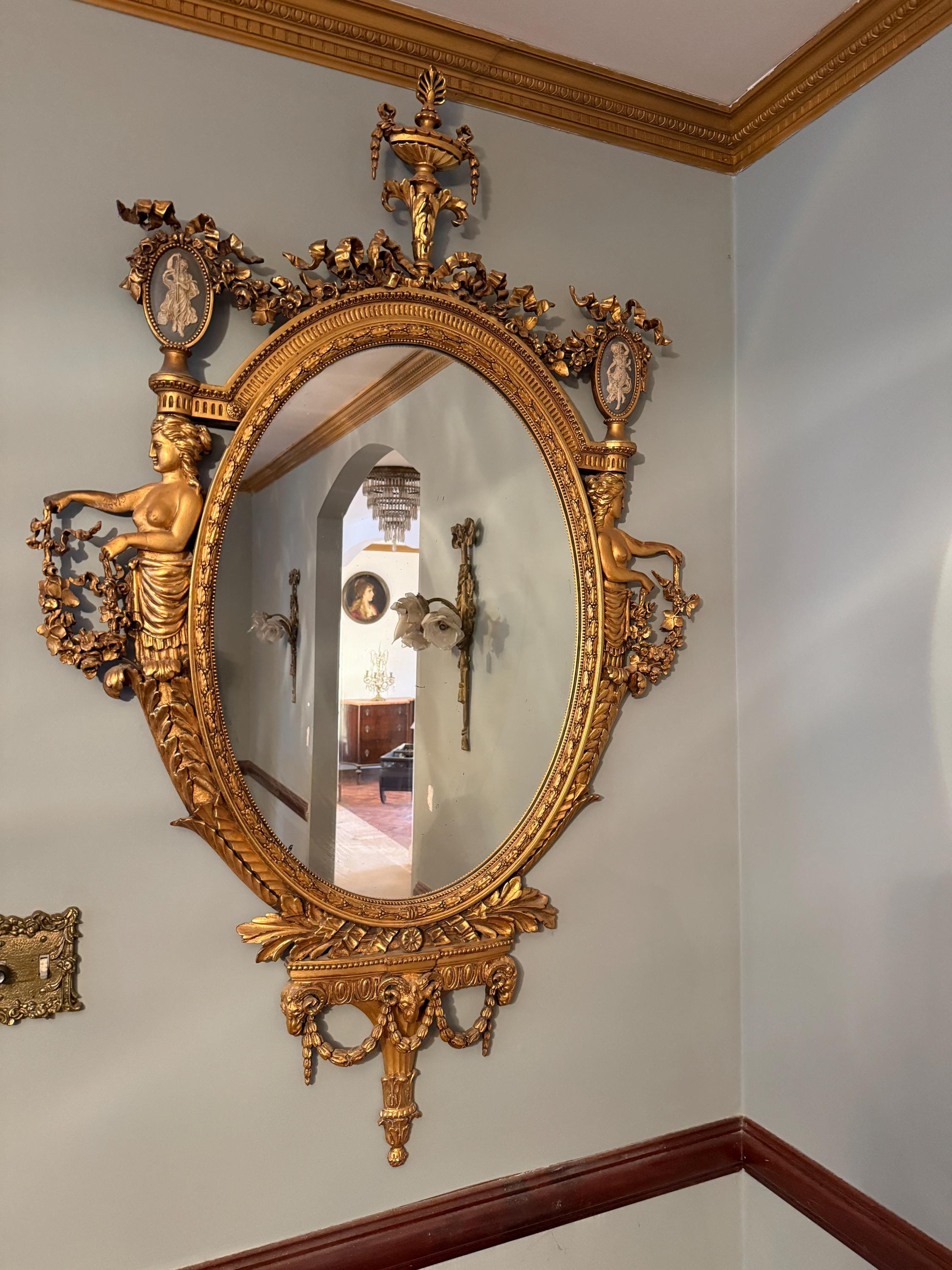 Antique French Gilded Convex Mirror, Neoclassical Urn & Female Figures